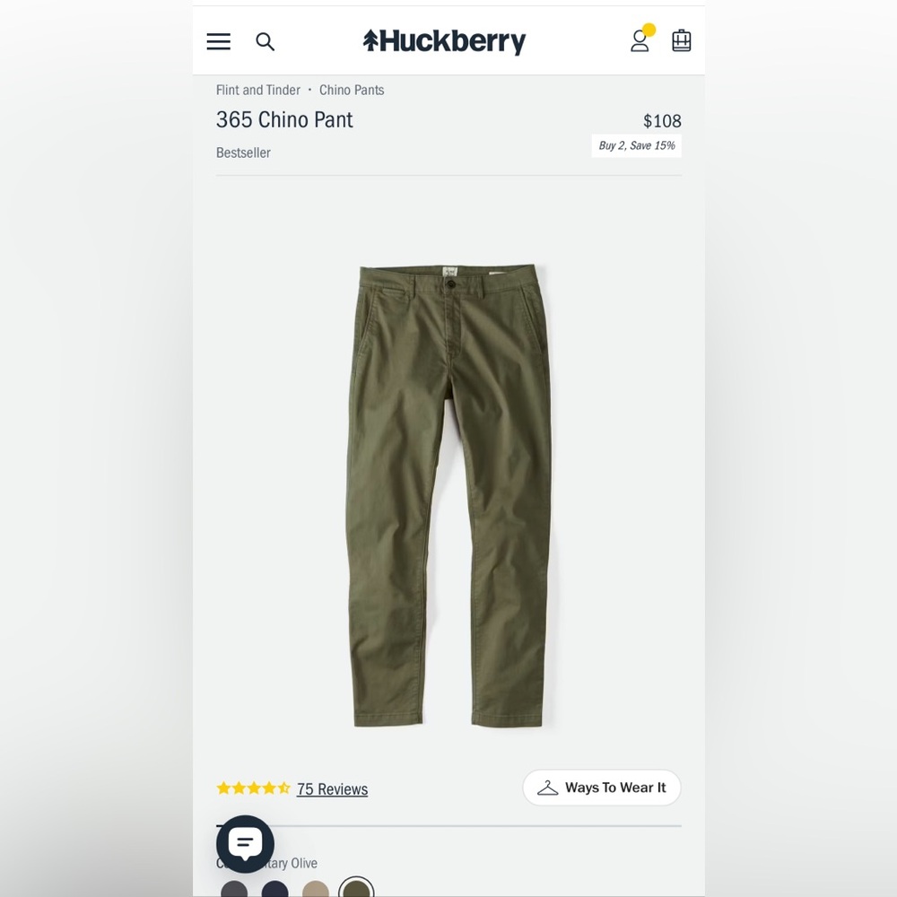 Flint and Tinder Men's 365 Chino Pant 30x30, Olive - NEW